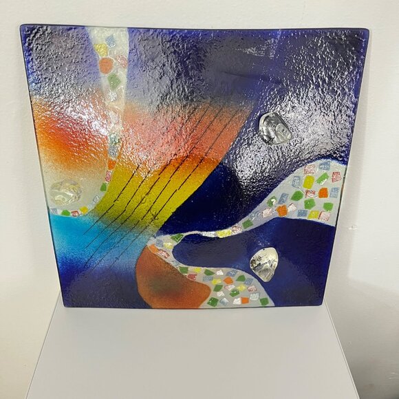 Jasmine Art Glass‎ - Fused Art Glass Sky Bridge 13" Footed Plate - Picture 2 of 2